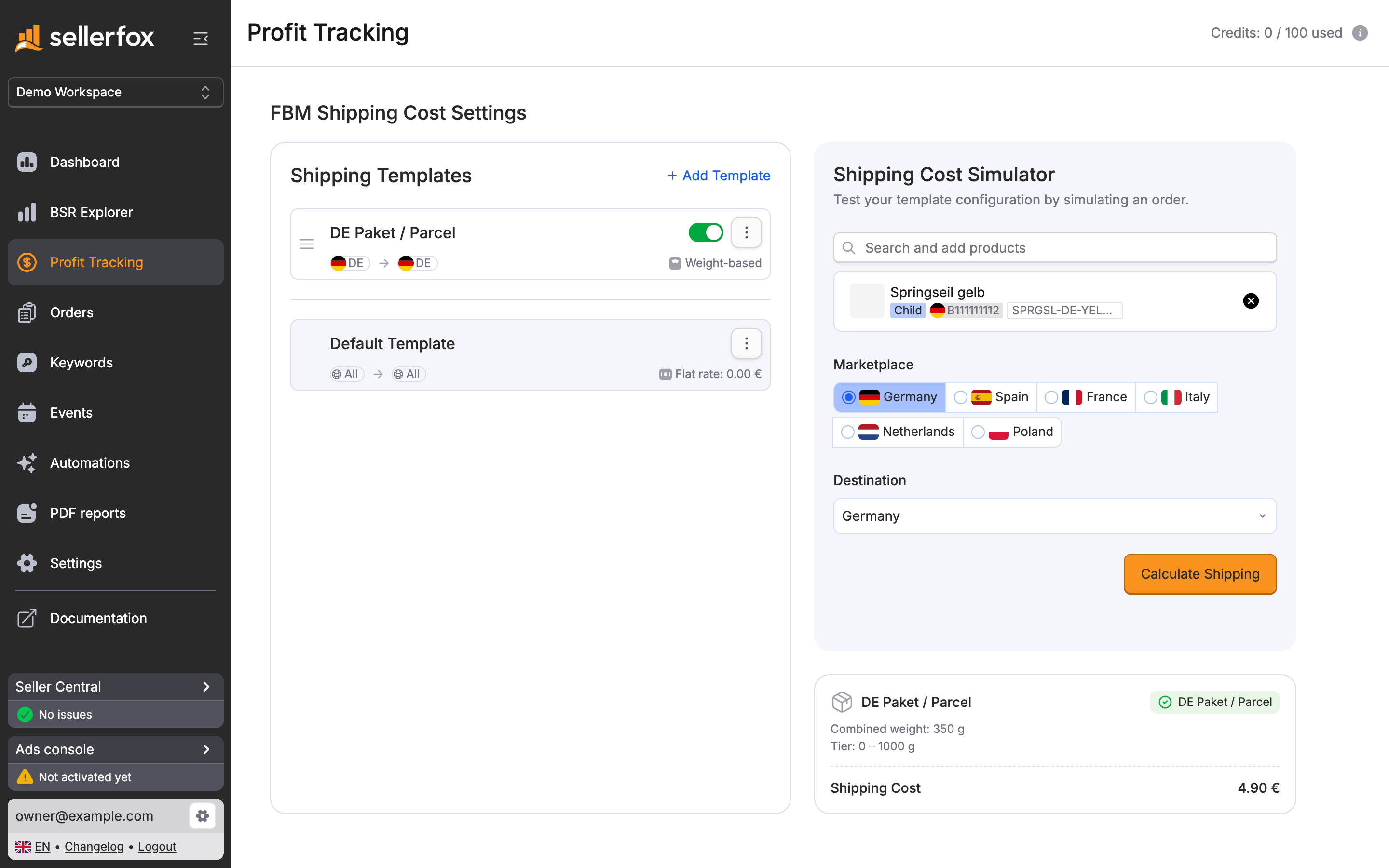 The Shipping Cost Simulator with a product, marketplace, and destination selected.