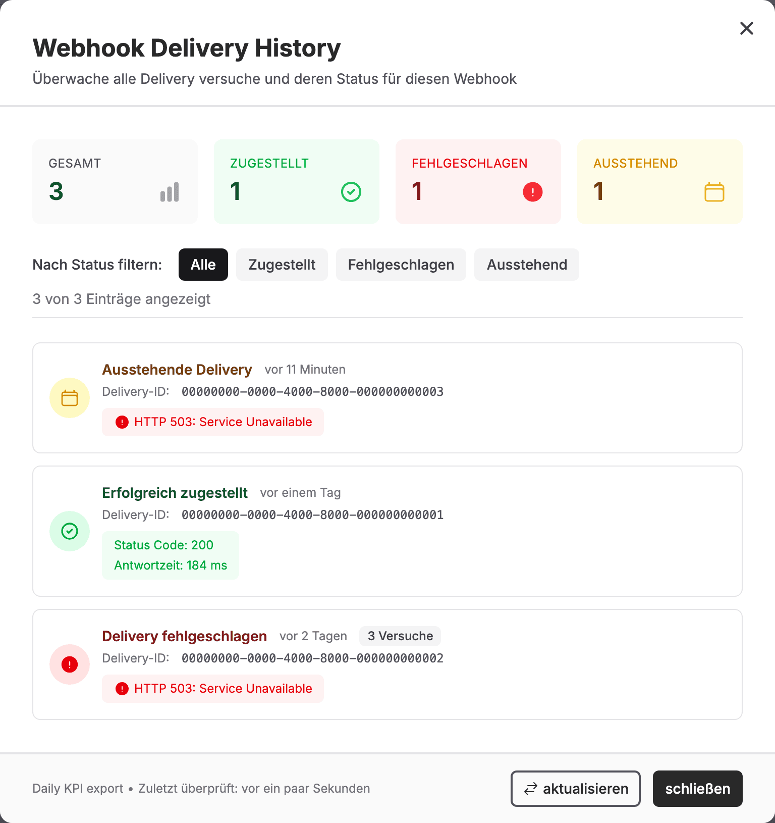 Webhook Delivery History mit zugestellten, fehlgeschlagenen und ausstehenden Einträgen, Delivery-IDs und einer fehlgeschlagenen Zustellung mit drei Versuchen.