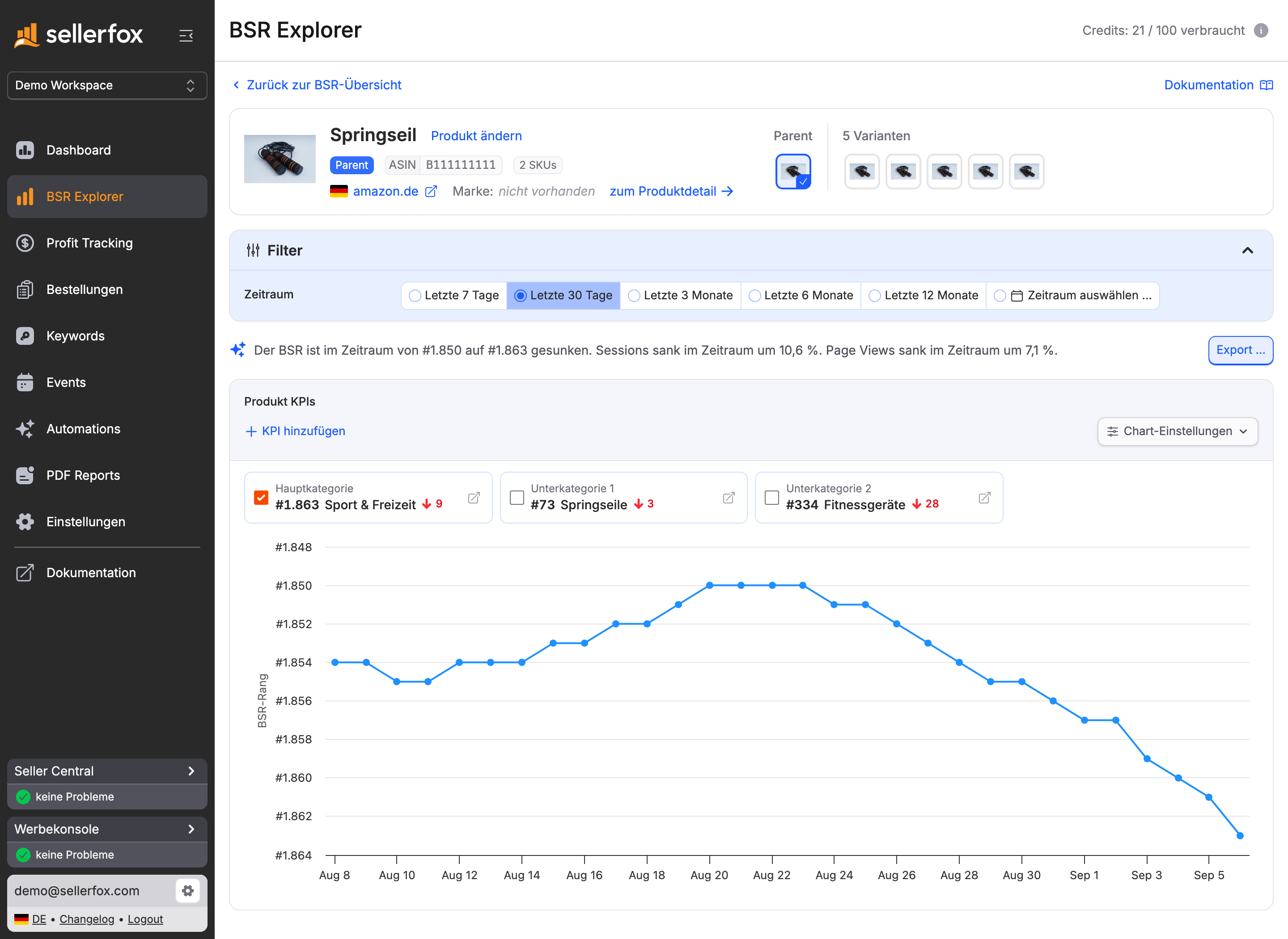 BSR Explorer in sellerfox mit dem Rangverlauf eines Produkts in der Hauptkategorie über die letzten 30 Tage