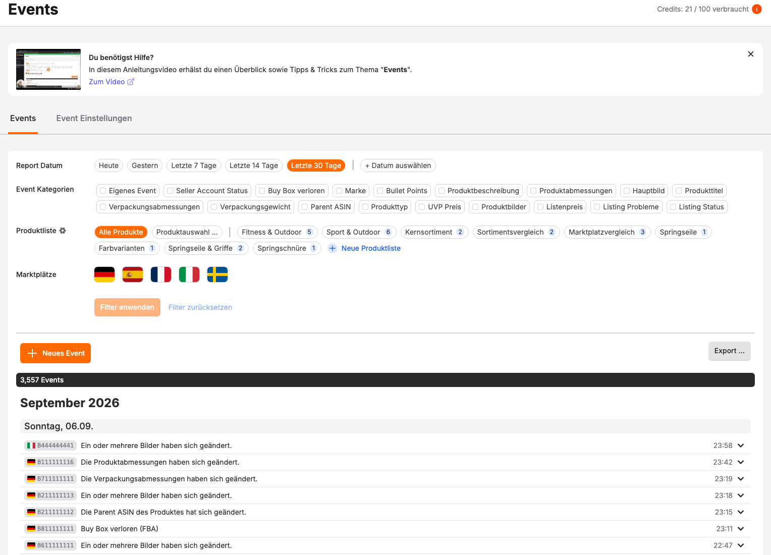 sellerfox Event-Liste mit Änderungen an Produkten und Filtern für Zeitraum, Kategorie und Marktplatz.