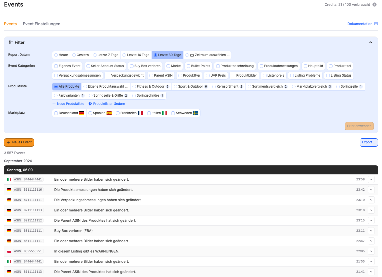 sellerfox Event-Liste mit Änderungen an Produkten und Filtern für Zeitraum, Kategorie und Marktplatz.