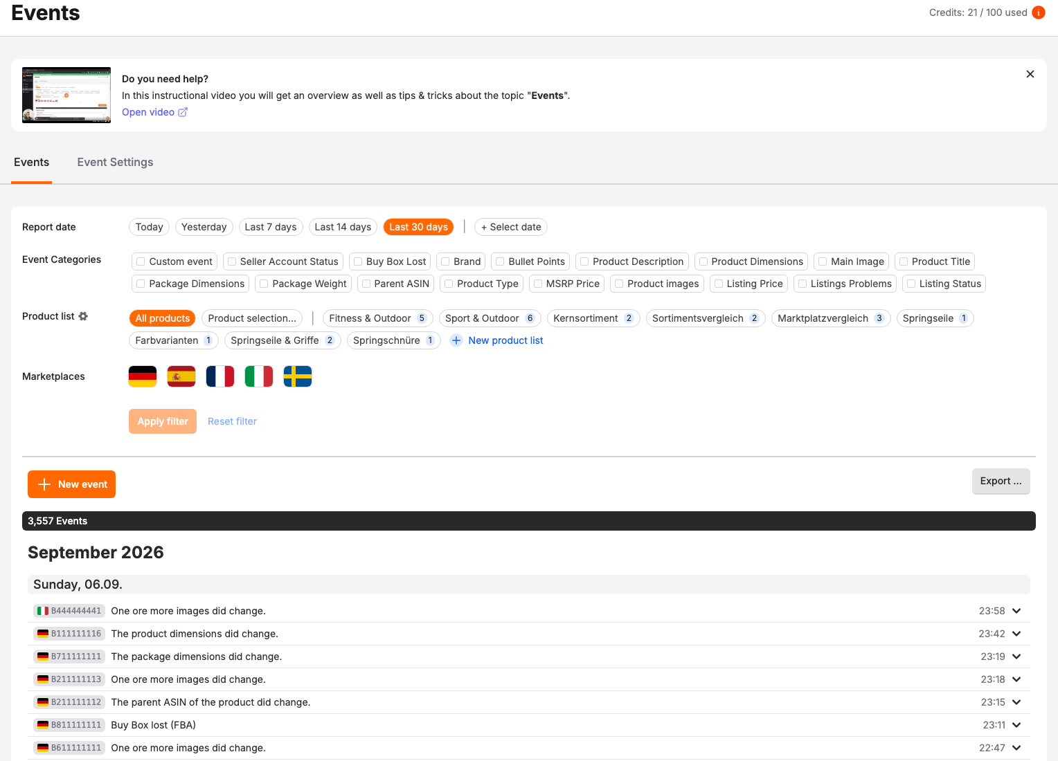 sellerfox event list with product changes and filters for date range, category and marketplace.