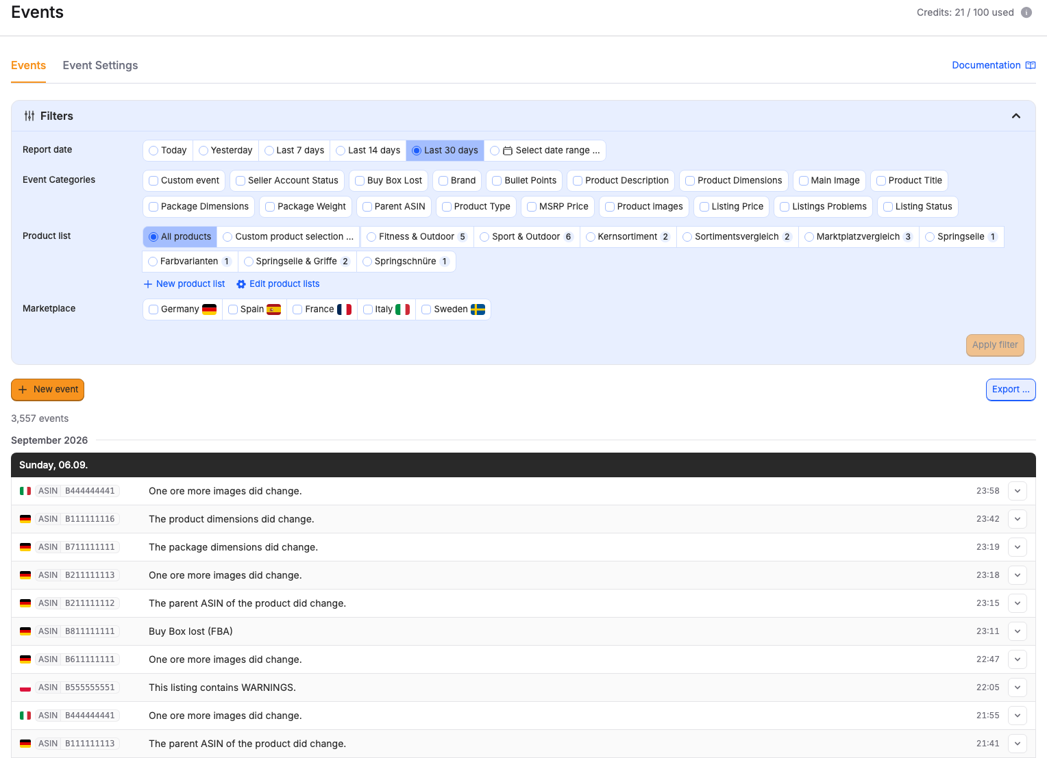 Listing events in sellerfox