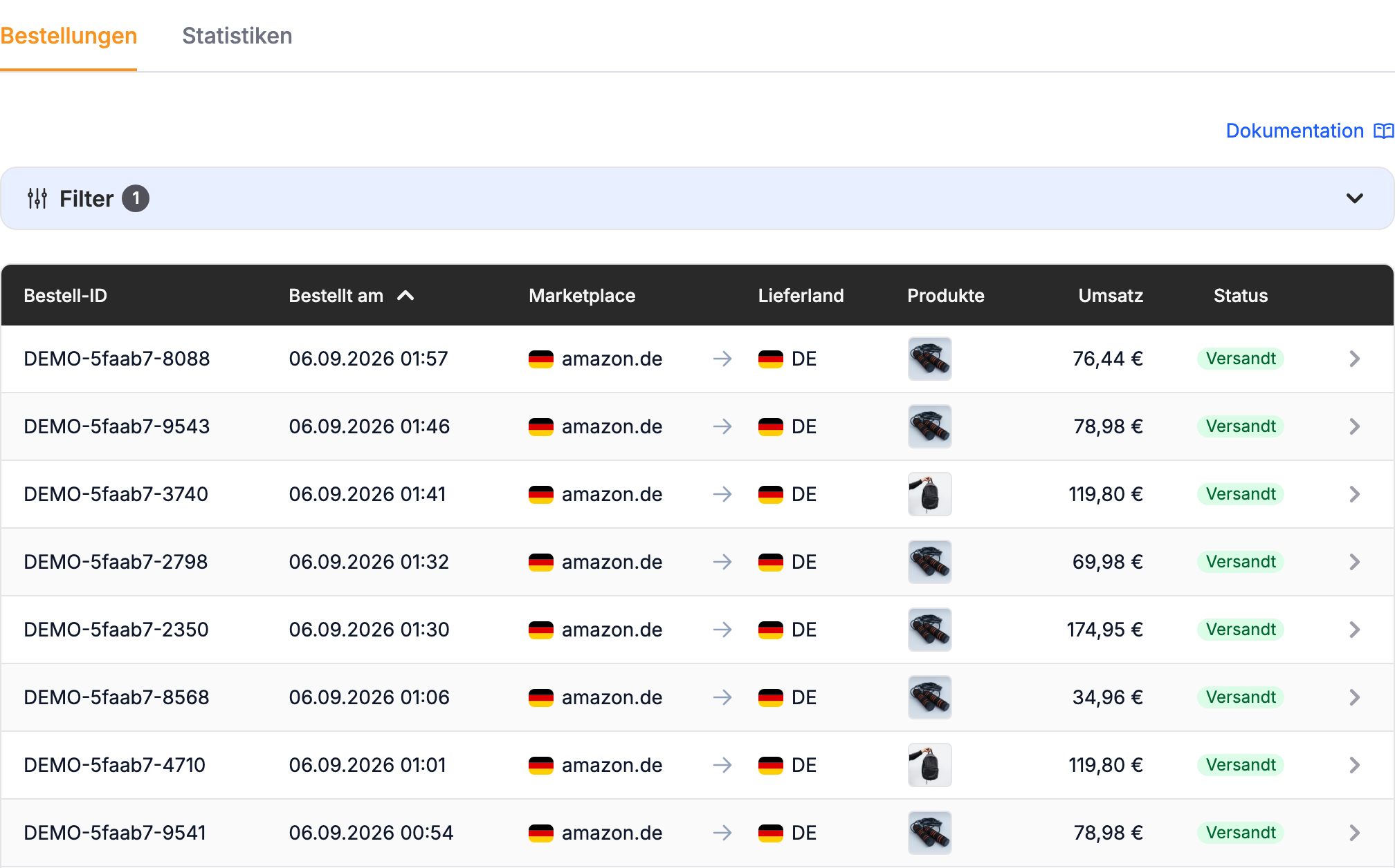 Ausschnitt der Bestellliste mit Bestellzeit, Marktplatz, Lieferland, Produktbildern, Umsatz und Amazon-Status.