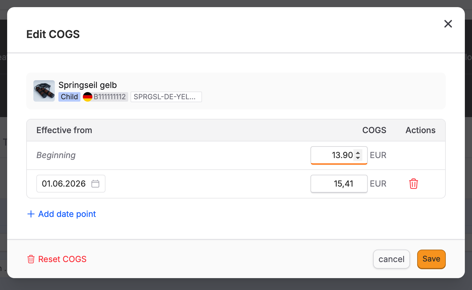 Product costs with an effective date